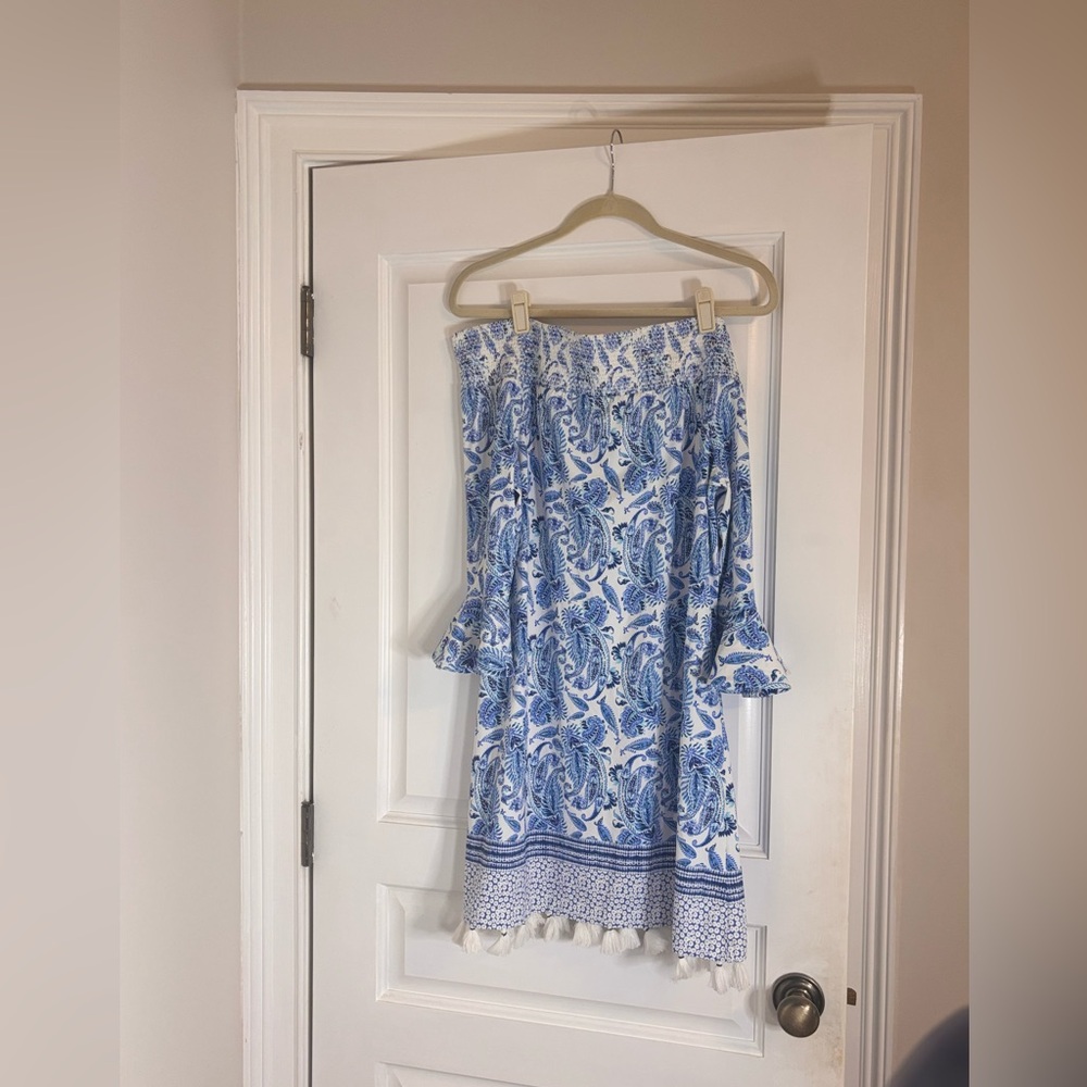 NWT Large CABANA LIFE Charleston Off Shoulder Dress‎ Blue Paisley White Tassel
